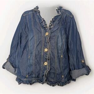 Lane Bryant Denim Ruffle Trim Neckline Blouse Top Button Jean Shirt Plus Size 16